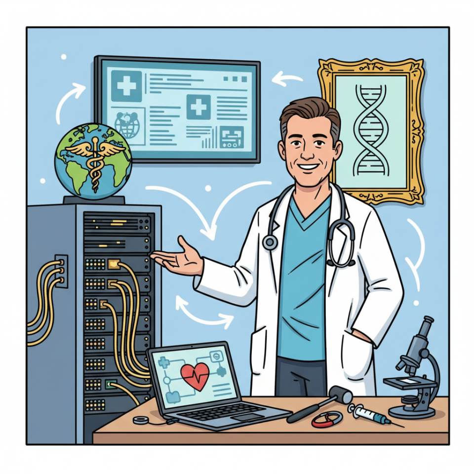 Comic-Darstellung einer Ärztin mit Stethoskop und Patientenakte am Behandlungsplatz in einer hellen Praxis