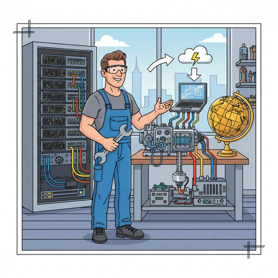 Comic-Darstellung eines Konstruktionsmechanikers mit Schutzhelm und Schweißgerät an einer Stahlkonstruktion in der Werkhalle