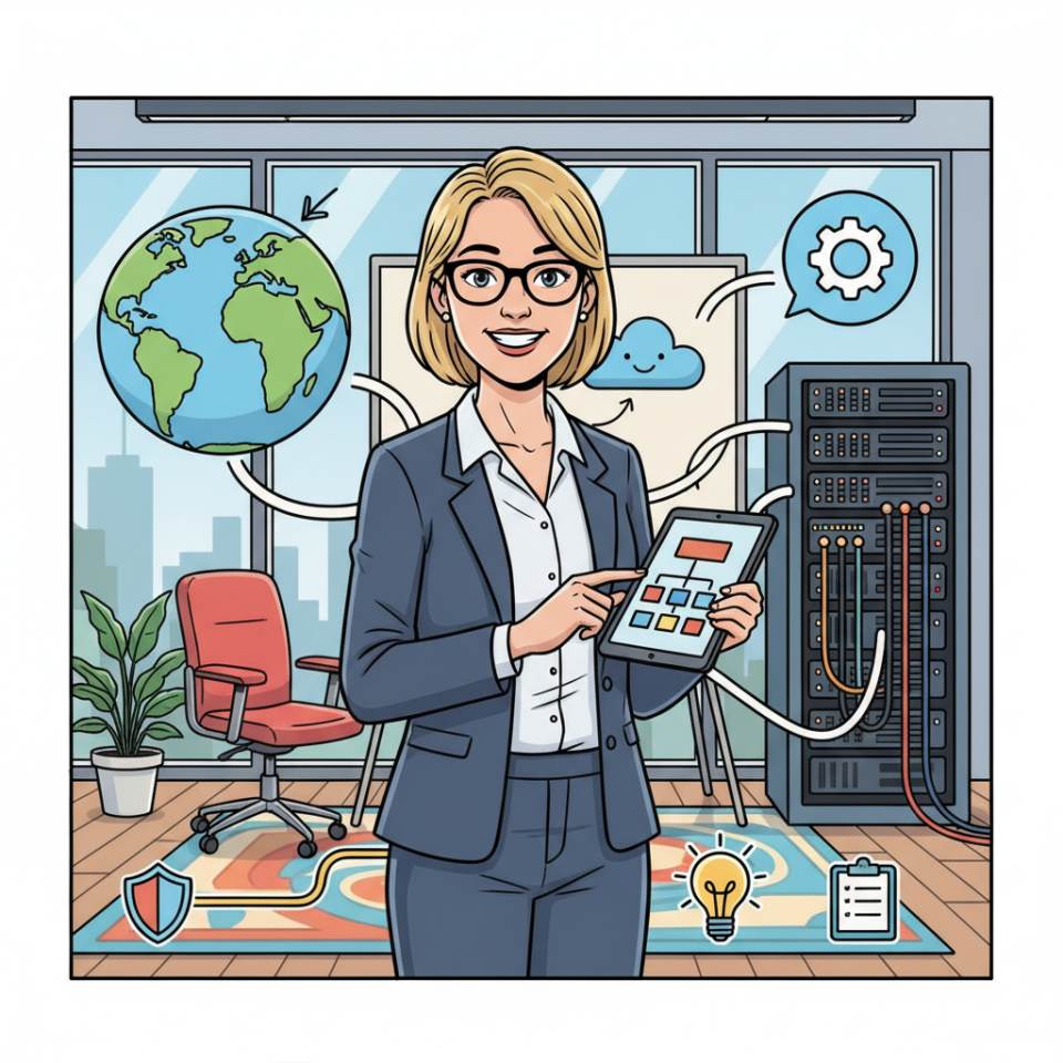 Comic illustration of an assistant at a desk with laptop, calendar, phone and organised documents