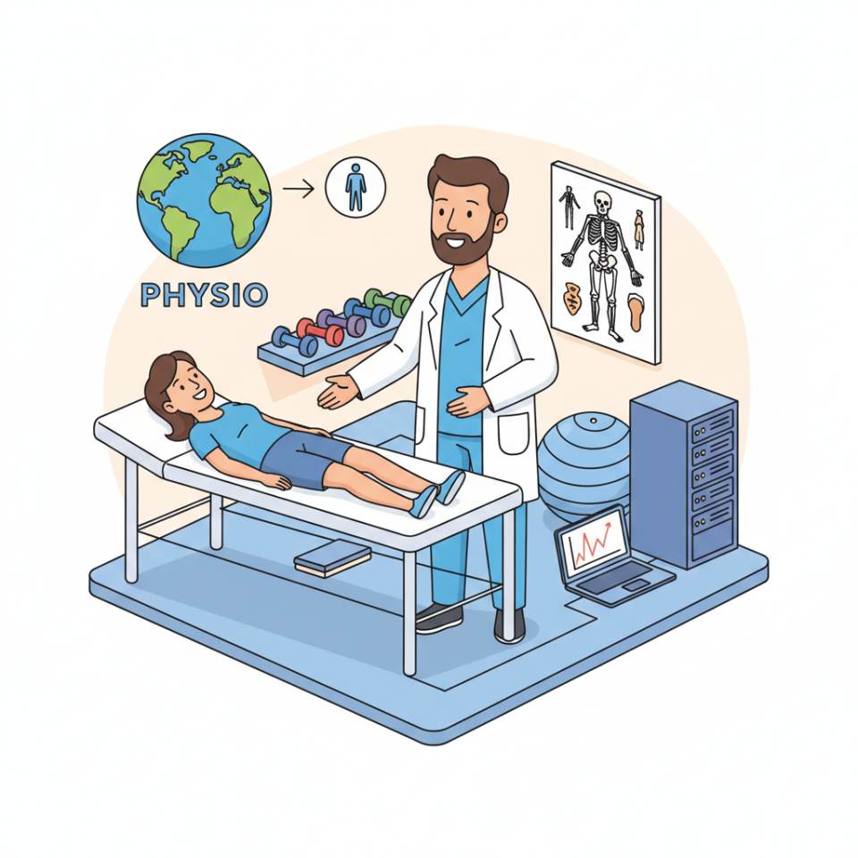 Comic illustration of a physiotherapist treating a patient on a therapy couch